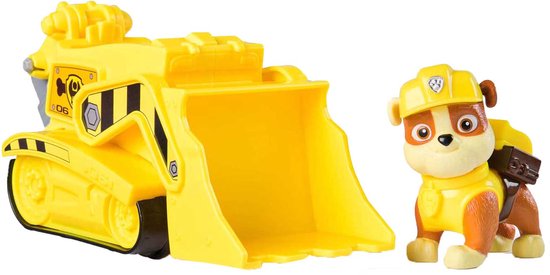 Gele bulldozer speelgoed met Rubble van Paw Patrol.