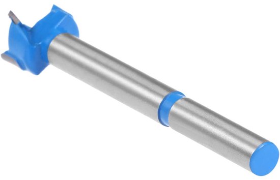 Houtfrees boor, blauwe kop, zilverkleurige schacht met blauwe band en dop.