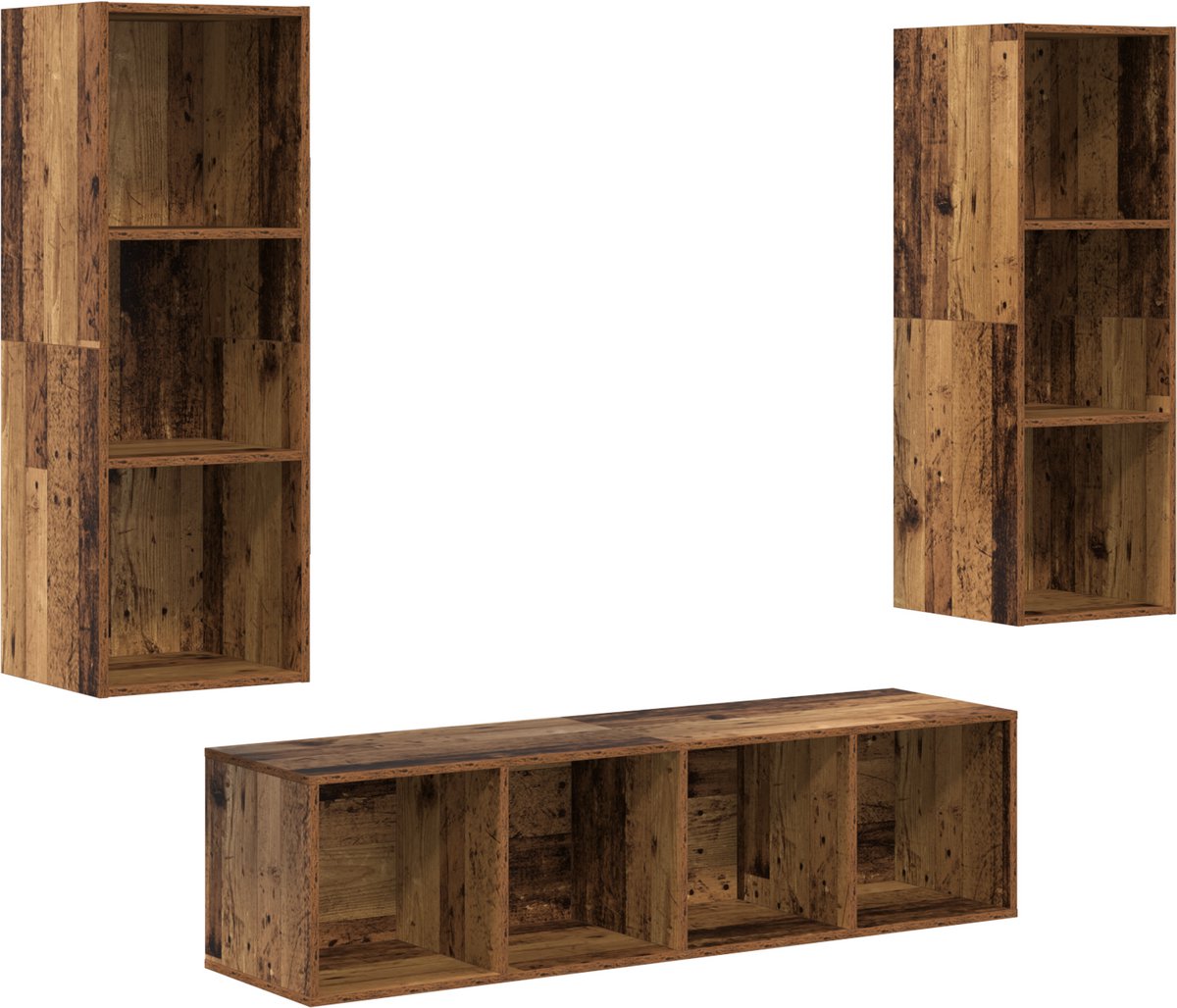vidaXL - Tv-meubelset - Wandgemonteerd - 3 - pcs - Oud - Hout - Bewerkt - hout