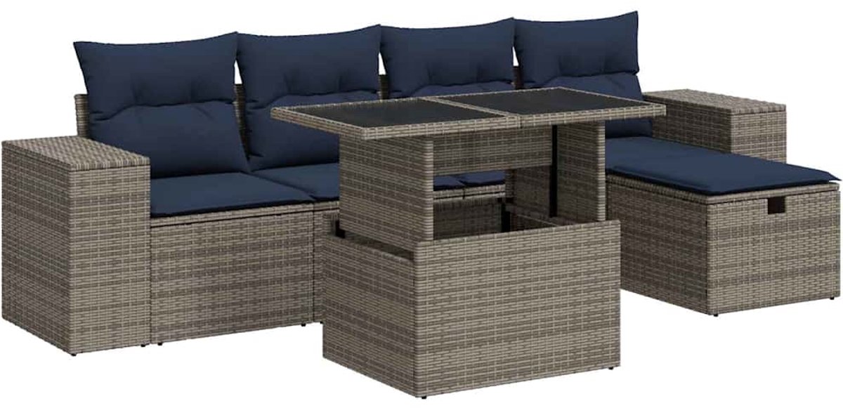 vidaXL 6-delige - Loungeset - met - kussens - poly - rattan - acacia - bruin Grijs