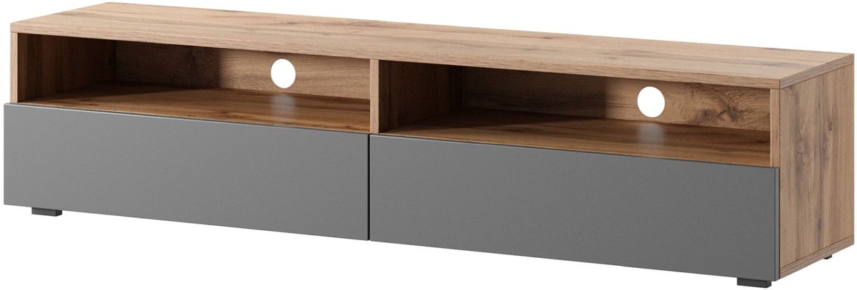 Selsey Rednaw – TV-meubel met twee lades, eikenlook / hoogglans grijs met LED, 140 cm Eik / Grijs