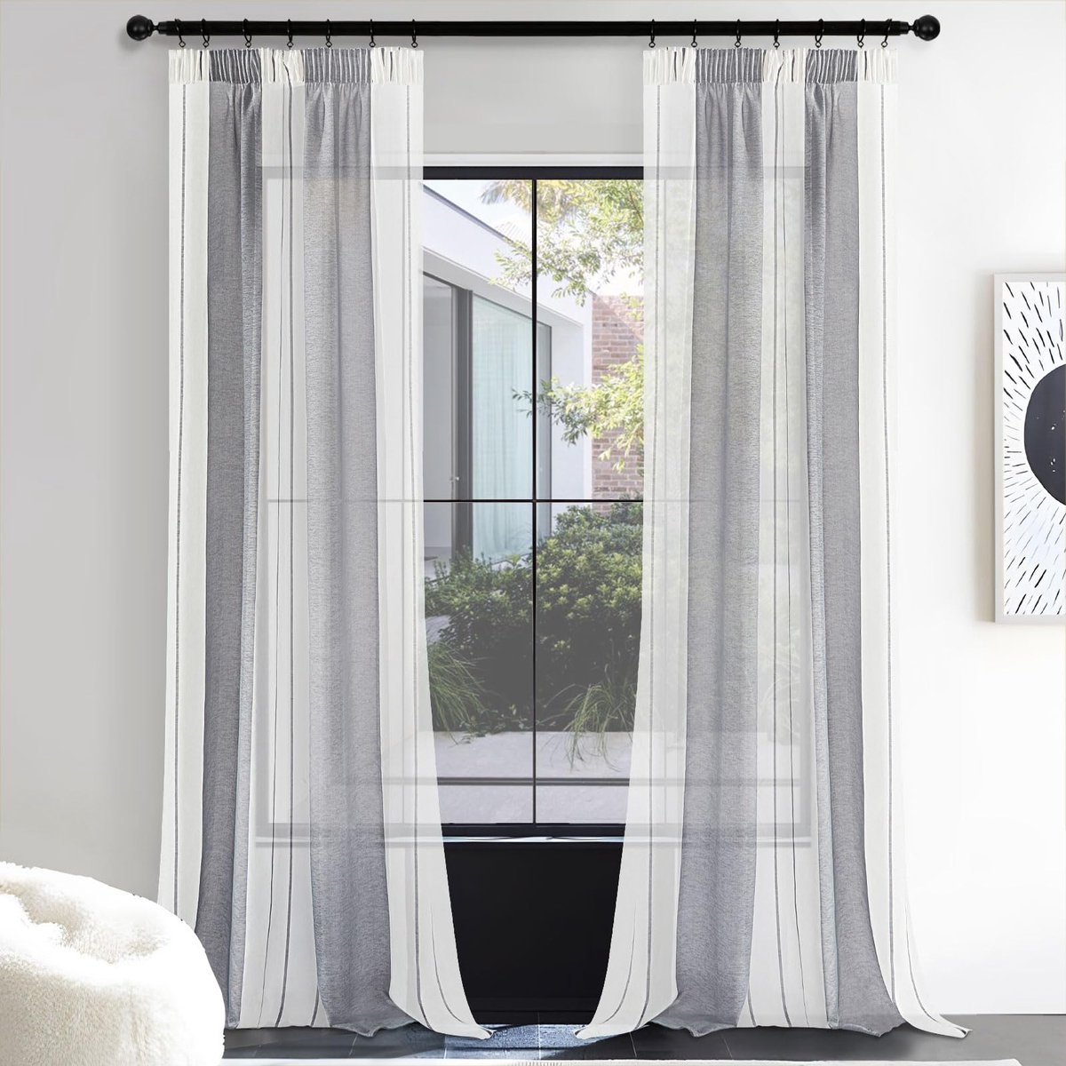 Unyqoos Grote set van 2 half transparante grijs-witte gestreepte gordijnen met plooiband 260x140 cm Grijs wit strepen