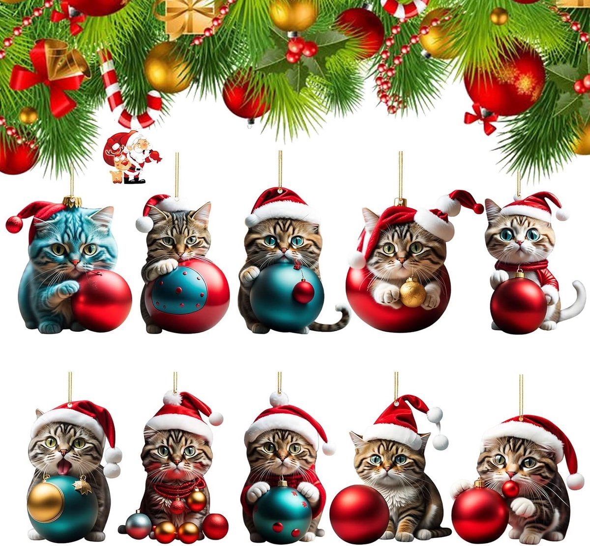10pcs Christmas Tree Cat Pendants - Acrylic Cartoon Cat - Decoratieve Ornaments - 2D Fun Kerstpendants - Kerstboomdecoraties Cadeau