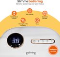 Close-up van het digitale display en de bedieningsknoppen van een wit voetenbad, met iconen voor temperatuur, aan/uit, timer en rode lichttherapie.