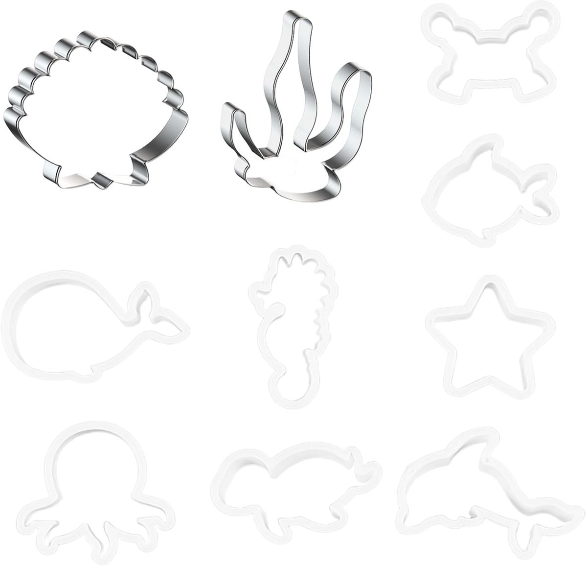8 koekjesvormen met dieren, 1 schelpvorm, 1 zeewiervorm, koekjesvorm, taartvorm met zeedieren