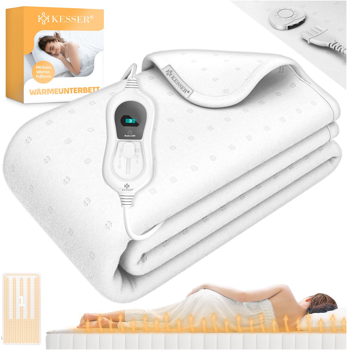 KESSER® Elektrische Onderdeken Warmtedeken met automatisch uitschakelende afstandsbediening | warmte deken met 3 temperatuurstanden | voor matrasverwarming | van zacht fleece - Wit zonder motief (150 cm x 80 cm)