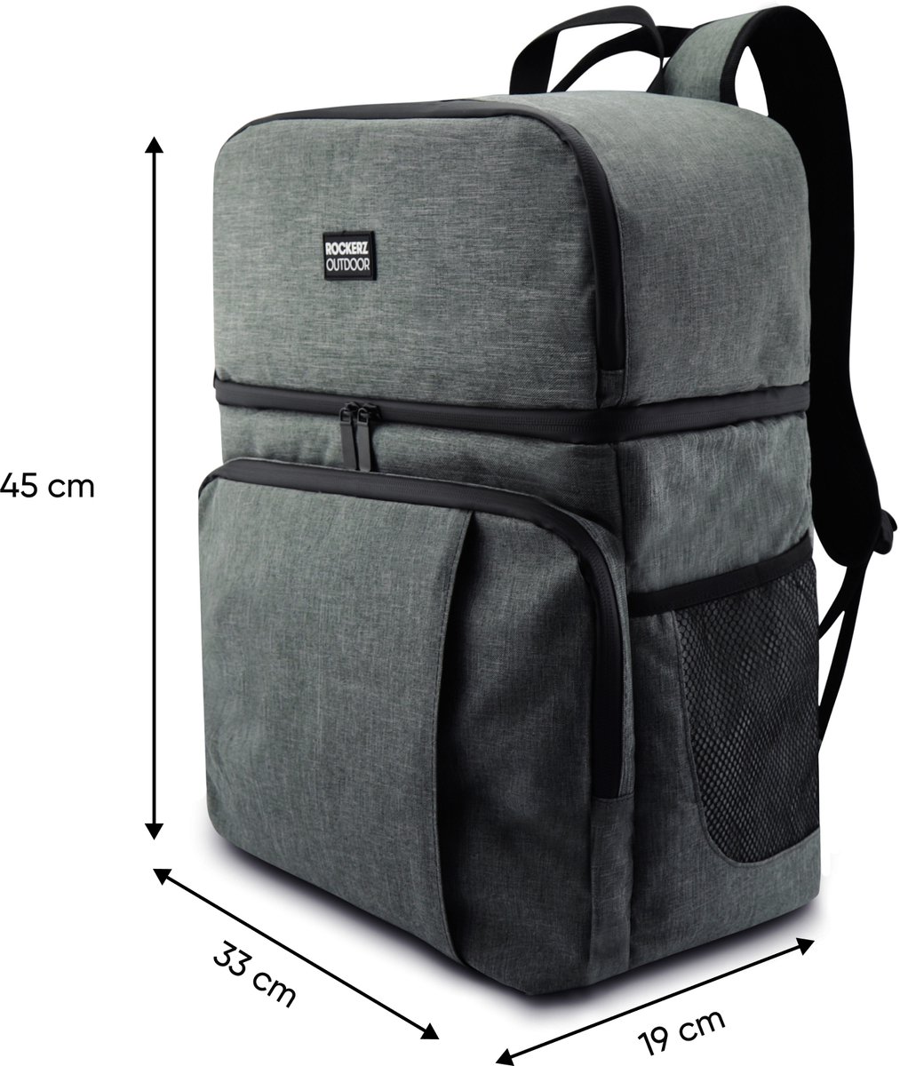 Rockerz Koeltas rugzak - 4 laags geïsoleerde - Incl. 4 koelelementen - 28 liter - Lunchtas - Picknicktas - Capaciteit voor 40x 33 cl blikken of 25x 33 cl flesjes - Slijtvast en duurzaam materiaal - Waterdicht en vuilafstotend - Kleur: Grijs — cadeau in Sport & Outdoor - foto 4