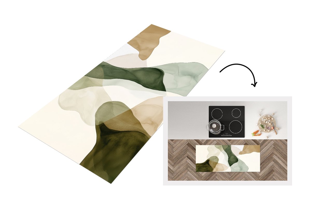 KitchenYeah Keukenloper 120x50 cm - Keukenmat vinyl Japandi - Abstract - Groen - Keukenmatten loper - Keuken vloerkleed tapijt