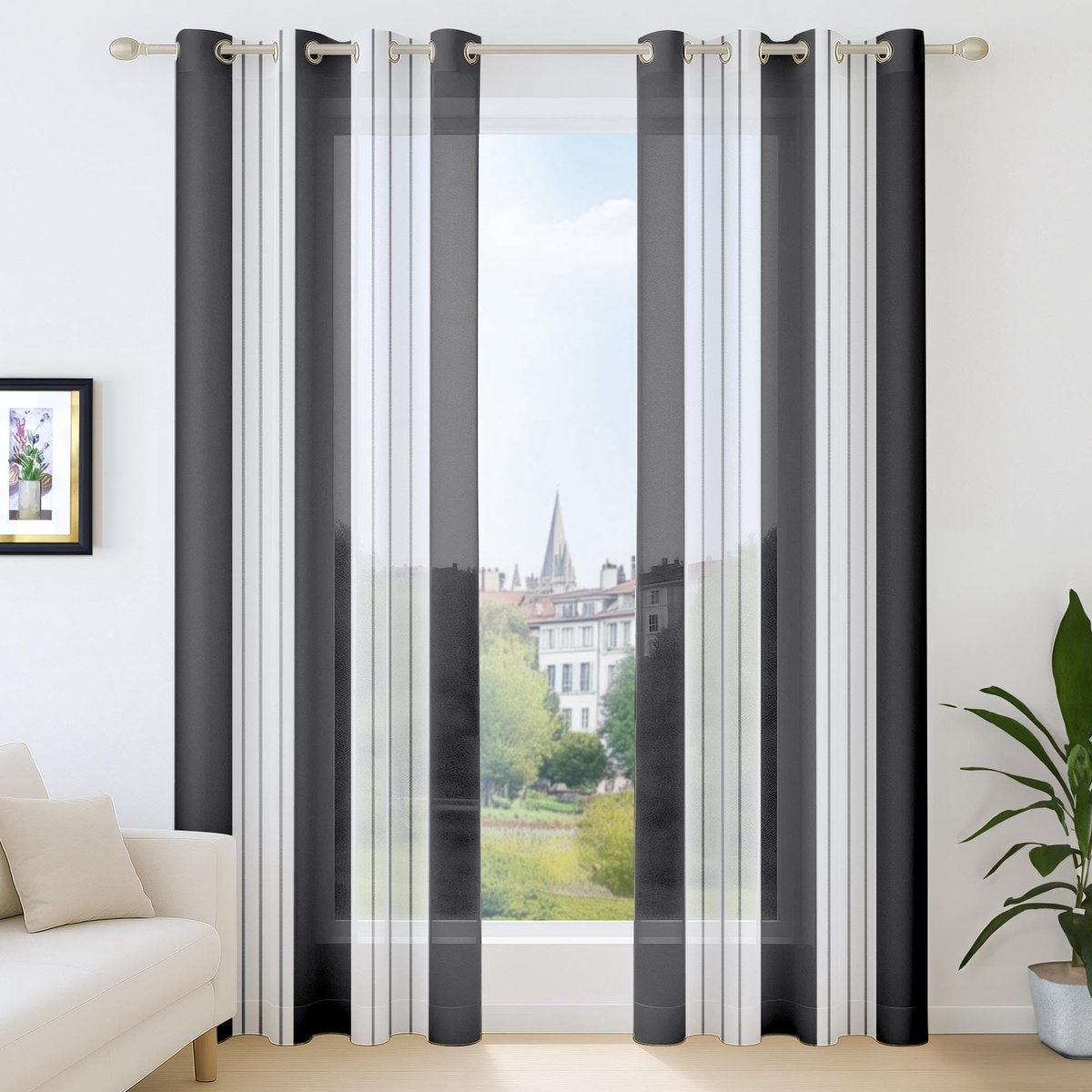Ibenzoa Transparante Linnenlook Gordijnen met Oogjes en Krijtstrepen voor Slaapkamer - Set van 2, Zwart, 138x140 cm