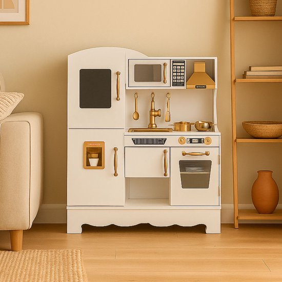 Maxx kidz - Houten Speelgoed Keuken - Complete en Luxe Speelkeuken - Wit Keukentje met Gouden Afwerking - Stevige Kinderkeuken met Accessoires - Speelgoedkeuken met Geluid en Diverse Pannetjes