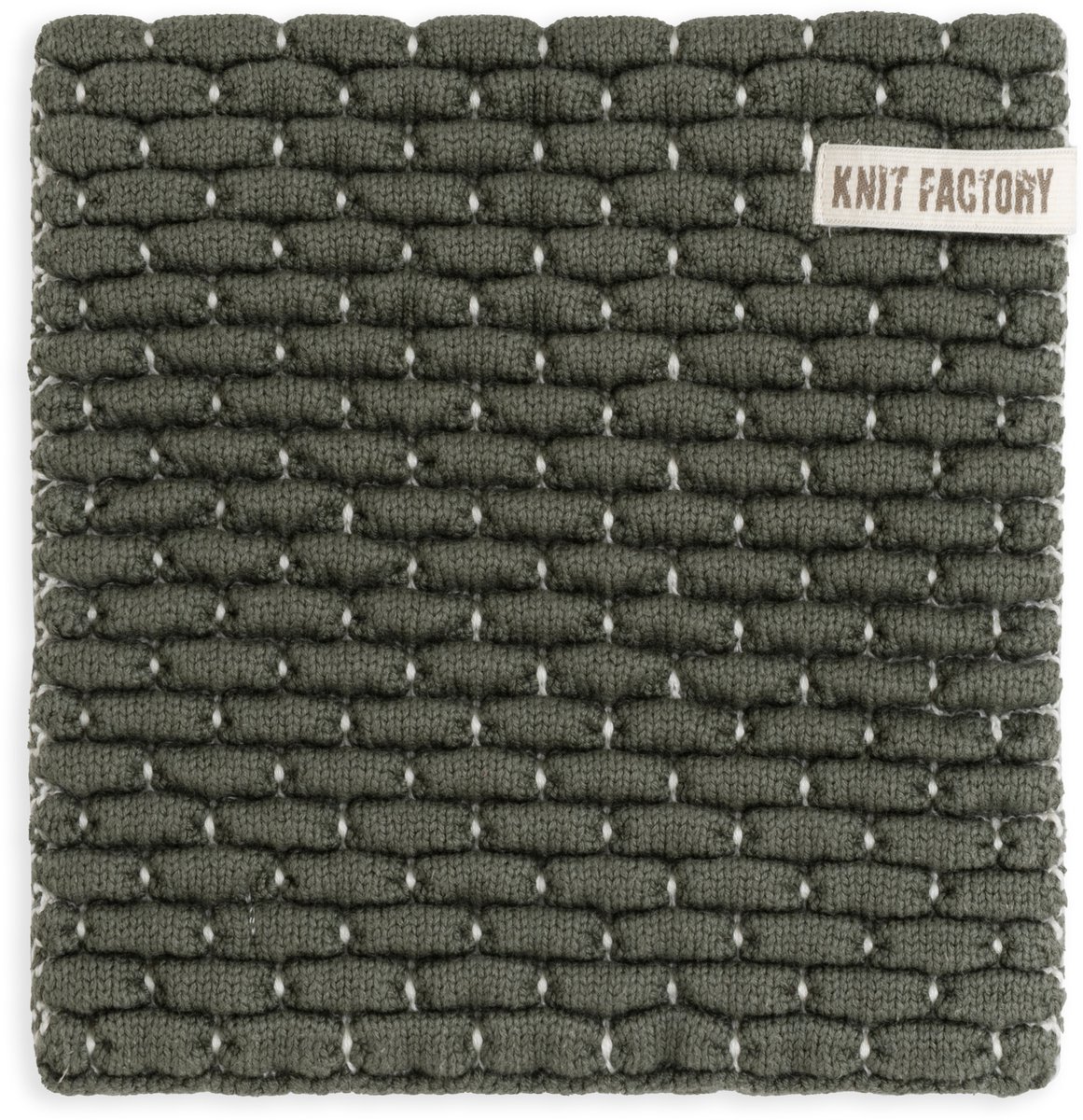 Knit Factory Gebreide Onderzetter Block - Pannenonderzetter - Hittebestendig - Onderlegger pannen - Tafel onderzetter - Opvouwbaar - Ecru/Khaki - 20x20 cm - 1 stuk verpakt