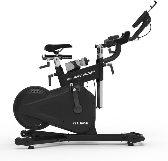 Zwarte FIT BIKE Smart Rider spinfiets met een zilveren frame, zwart wiel en waterfleshouder.