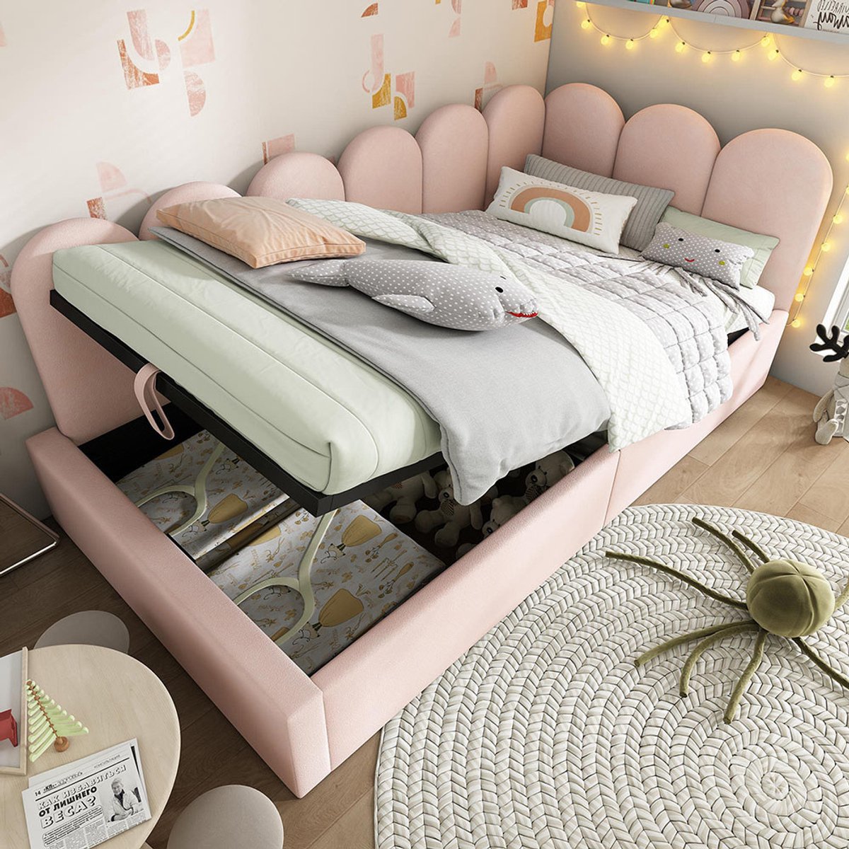 Pugsdrly Bekleed bed Daybed 90x190 cm, slaapbank met hydraulische opbergruimte, kinderbed met metalen lattenbodem, fluweel, roze, zonder matras