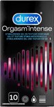 Durex Orgasm Intense condoomverpakking met verticale lijnen in roze en paars.