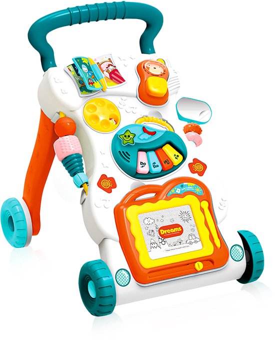 Witte en oranje baby loopwagen met blauwe accenten, speelgoed, spiegels en een piano met gekleurde toetsen.