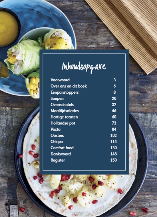 Inhoudsopgave van het kookboek "Het daily dinner-kookboek" met een rollo en een hartige taart.