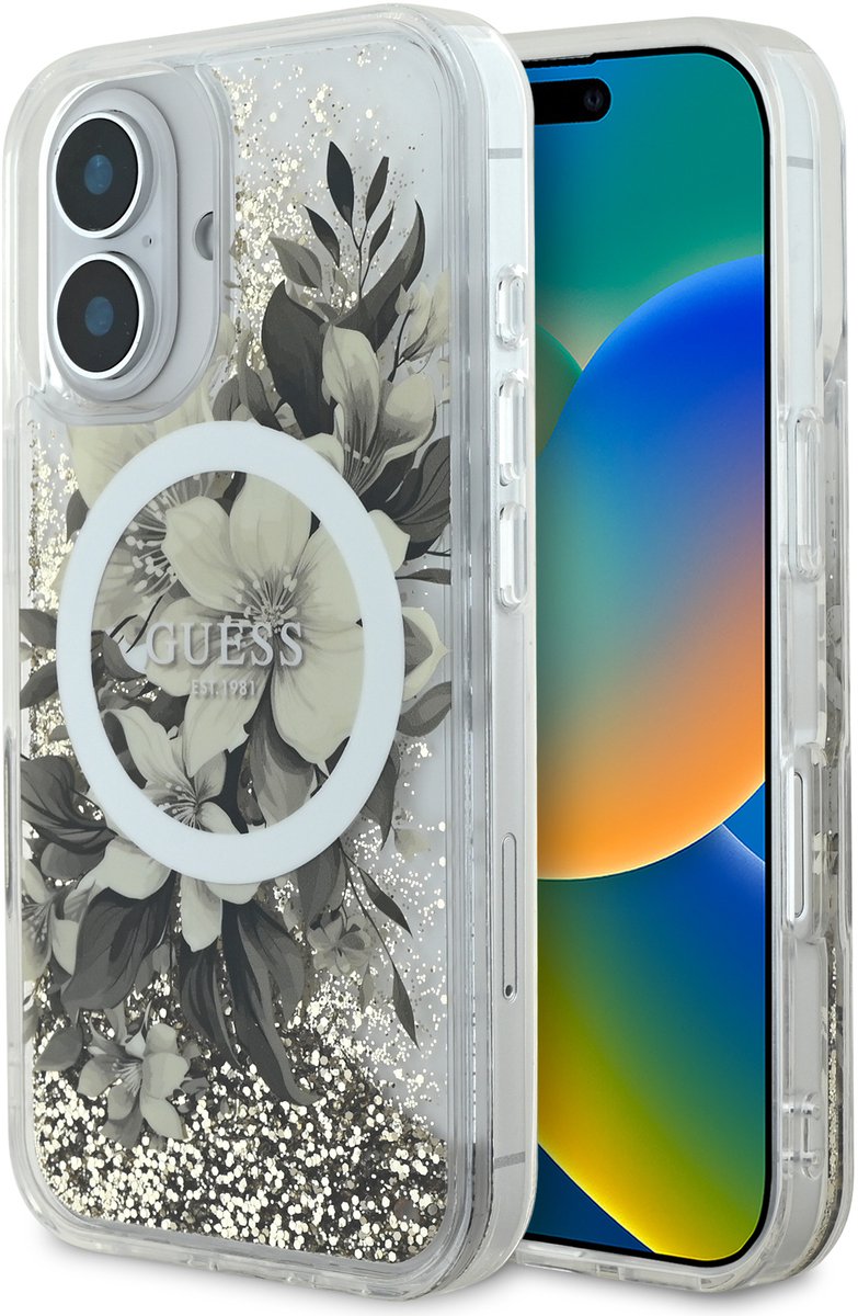 Guess GUHMP16SLFMWTE iPhone 16 6.1" beige/beige hardcase Liquid Glitter Flower MagSafe
