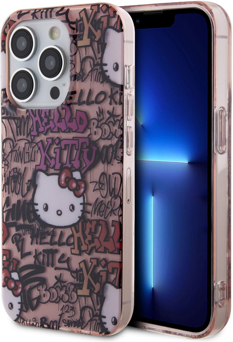 Hello - Kitty - IML Tags Graffiti hoesje voor iPhone - 14 - Pro - roze