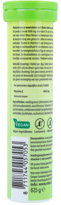 Roter Vitamine C 1000 mg bruis - Ondersteunt je natuurlijke weerstand - Suikervrij - Vegan - Met lekkere frisse limoen-lycheesmaak - 15 bruistabletten