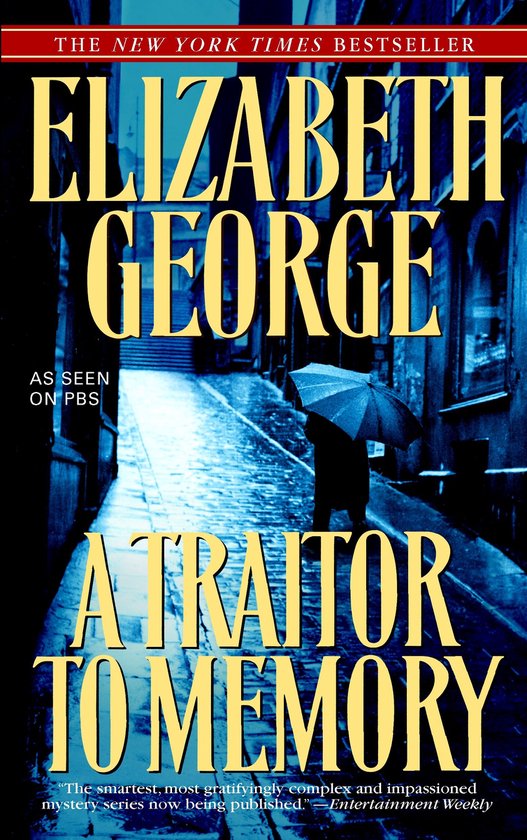 Boekcover met de titel 'A Traitor to Memory' door Elizabeth George. Een persoon met paraplu in een steeg.
