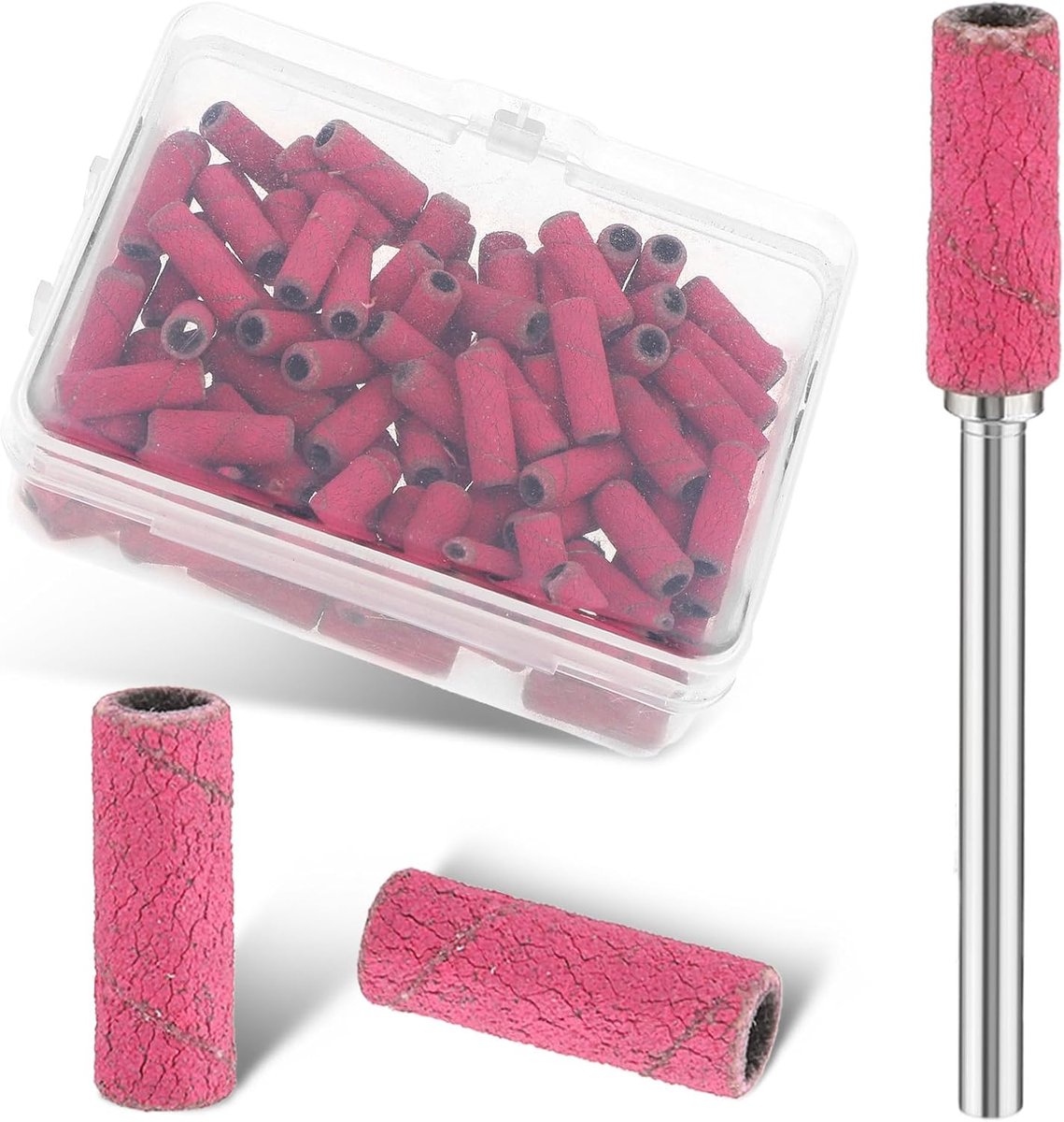 100 Pieces Sanding Sleeves - Nail Cutter - Grinding Caps - 180 Grit - Small Sanding Bands for Nail Drill - Red Nail Art - Sanding Belt with Storage Box and 1 Silver Nail Drill