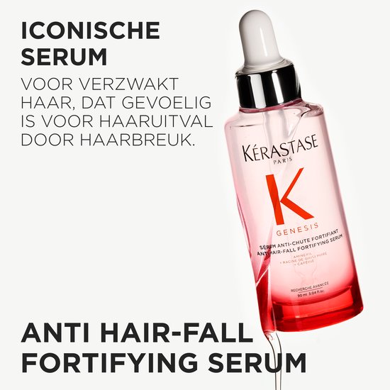 Sérum Kérastase Genesis anti-chute dans un flacon en verre rose avec pipette.