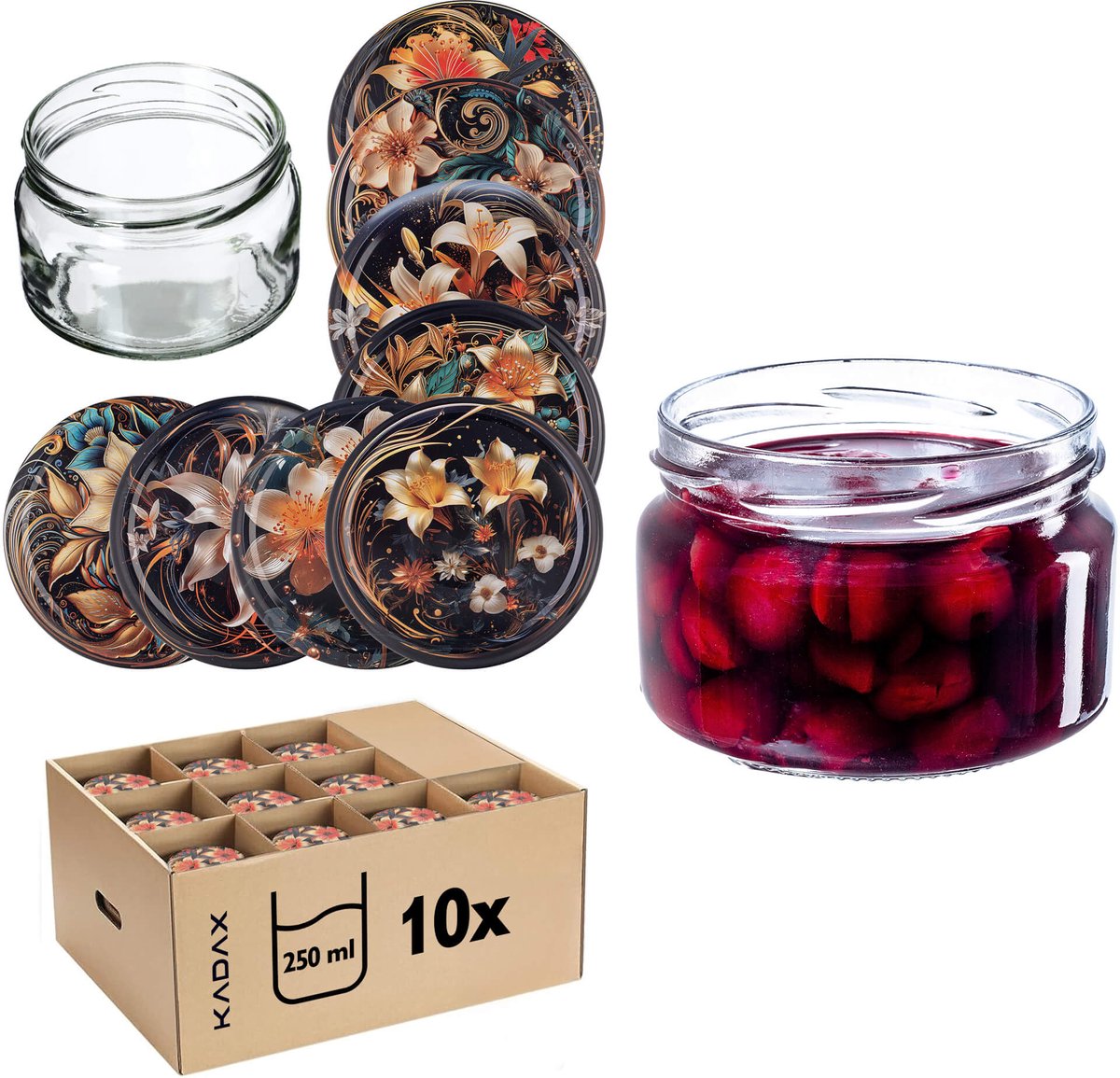 Denia Weckpotten 250ml 10st 82mm + Deksel "Bloemen"