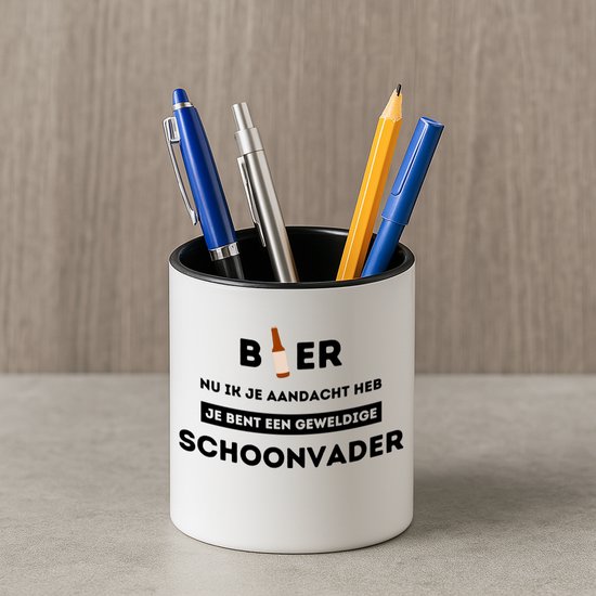 Hacebo® - bier, nu ik je aandacht heb je bent een geweldige schoonvader Pennenbakje - schoonvader - pennenhouder - vader cadeautjes - vaderdag - verjaardagscadeau - verjaardag - cadeau - geschenk - kado - gift - Pennenbakje zwart