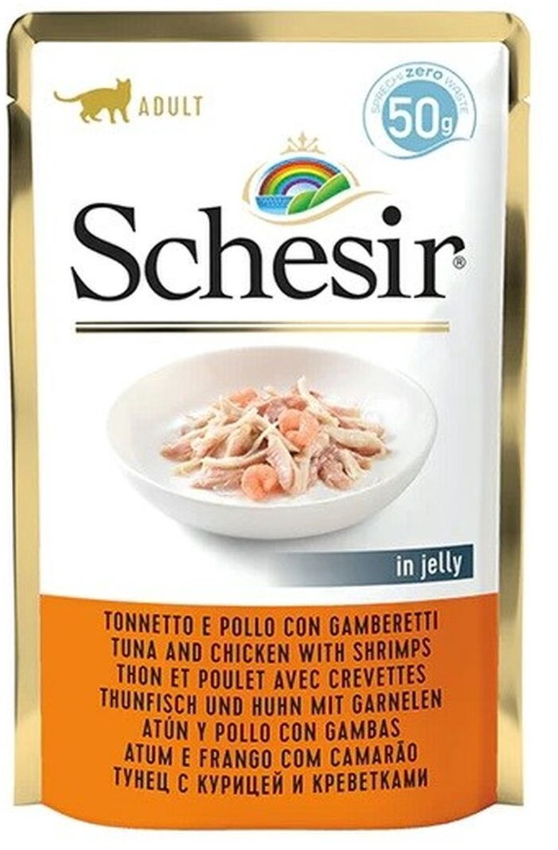Agras Pet Foods Schesir Adult in Jelly - Natvoer Kat - Tonijn, Kip & Garnalen - Aanvullend - 24 x 50g