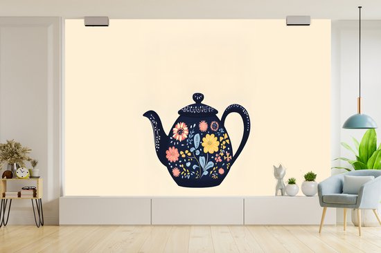 Behang - Fotobehang Theepot - Kleurrijk - Bloemen - Breedte 600 cm x hoogte 400 cm