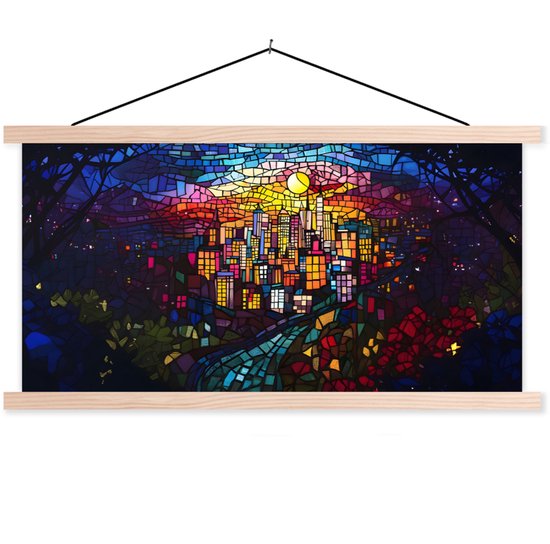Posterhanger incl. Poster 60x30 cm - Schoolplaat - Stad - Maan - Mozaïek - Kleurrijk - Textielposter - Blanke latten