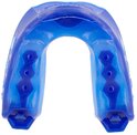 Blauwe mondbeschermer, voorkant, met hexagonale patronen en logo.