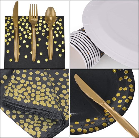 Party Tableware Cutlery Set Black-Gold Cardboard Paper Plates Forks Knives Spoons Cups Straw Napkin Tablecloth for Wedding Camping 25 Guest - 202 Pieces — afbeelding 5