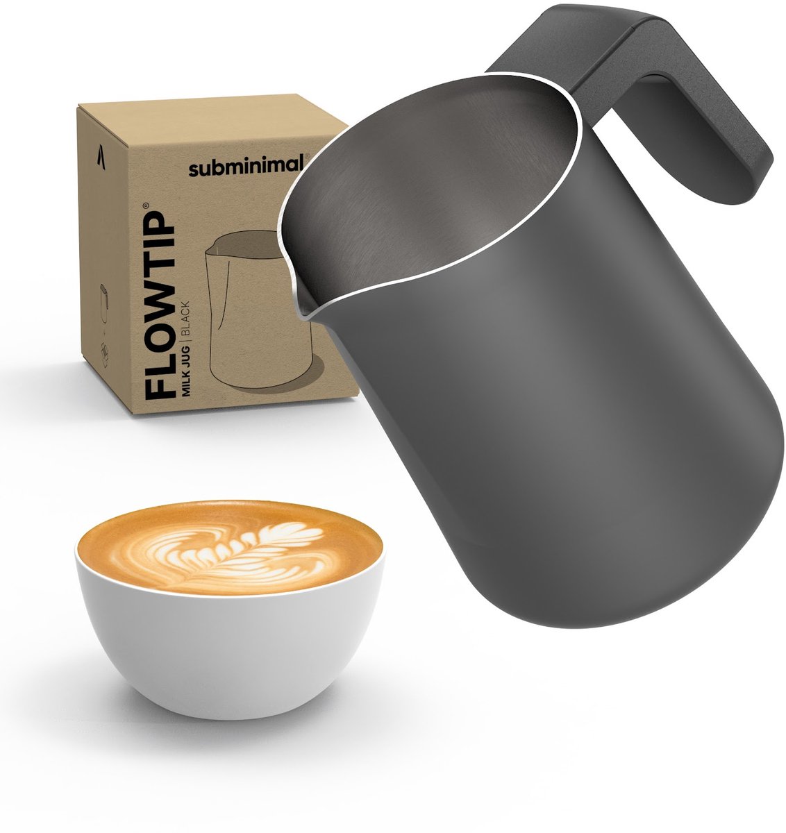 Subminimal FlowTip Melkkan - Melkkannetje Opschuim - Ergonomische Barista Melkopschuimkan - Voor koffie, matcha, latte, cappuccino - 450ml, Zwart