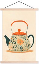 Posterhanger incl. Poster 40x60 cm - Schoolplaat - Oranje - Theepot - Bloemen - Bladeren - Textielposter - Blanke latten