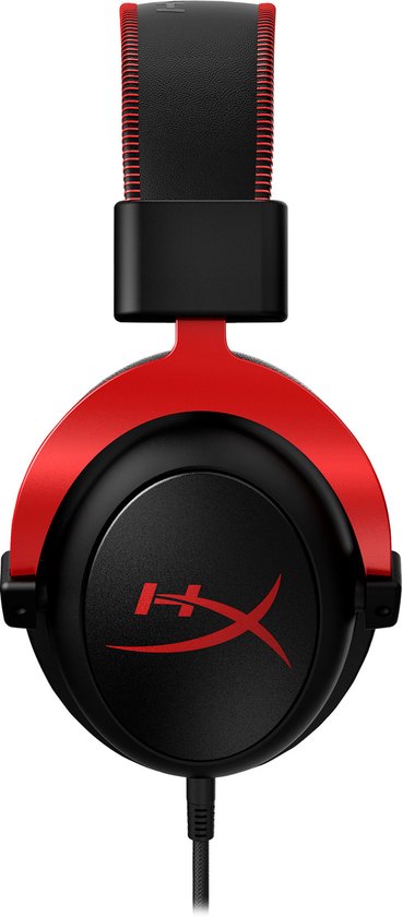 Zwarte gaming headset met rode hoofdband, van voren gezien.