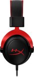 Zwarte gaming headset met rode hoofdband, van voren gezien.