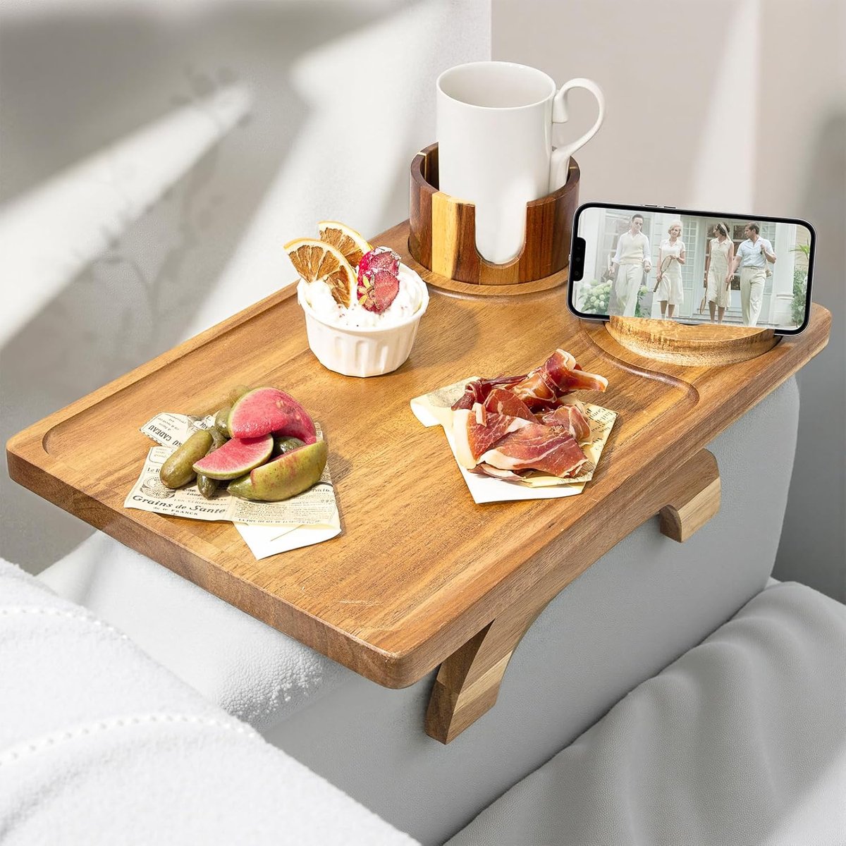 3-in-1 houten bank-armdienblad - multifunctioneel en antislip - opvouwbaar