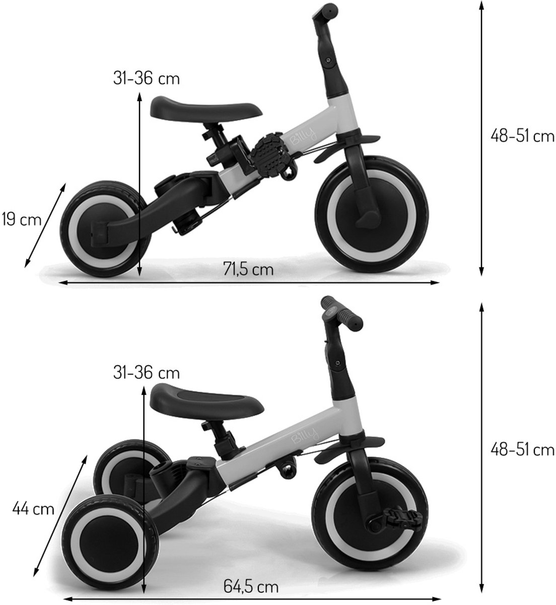 Billy 4 in1 Driewieler met duwstang - Loopfiets - Kinderfiets - Balance Bike - Gio - Zwart-Grijs — afbeelding 14
