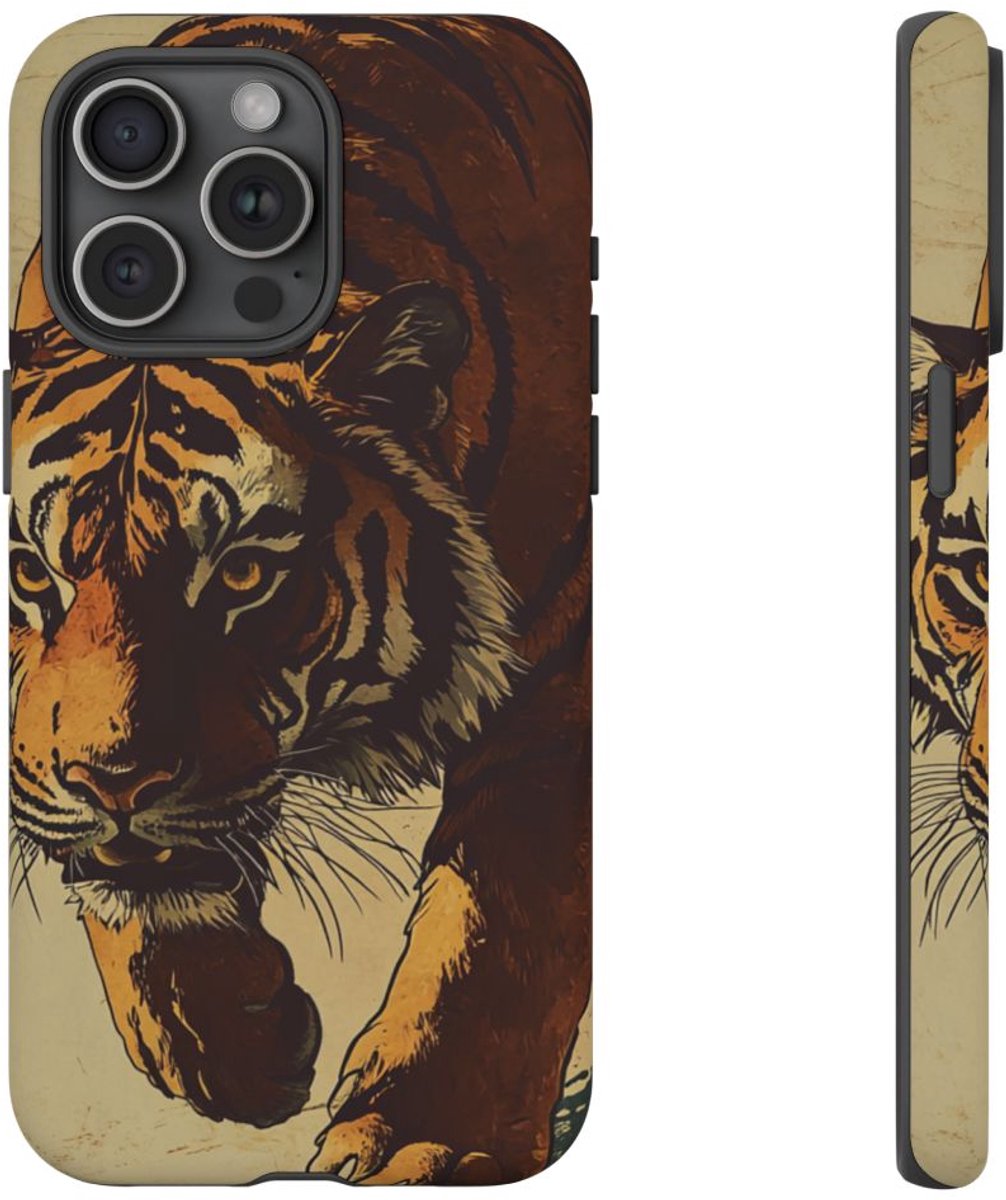 Vintage Stijl Tijgerillustratie – Telefoonhoesje Geschikt voor iPhone 15 Pro Max