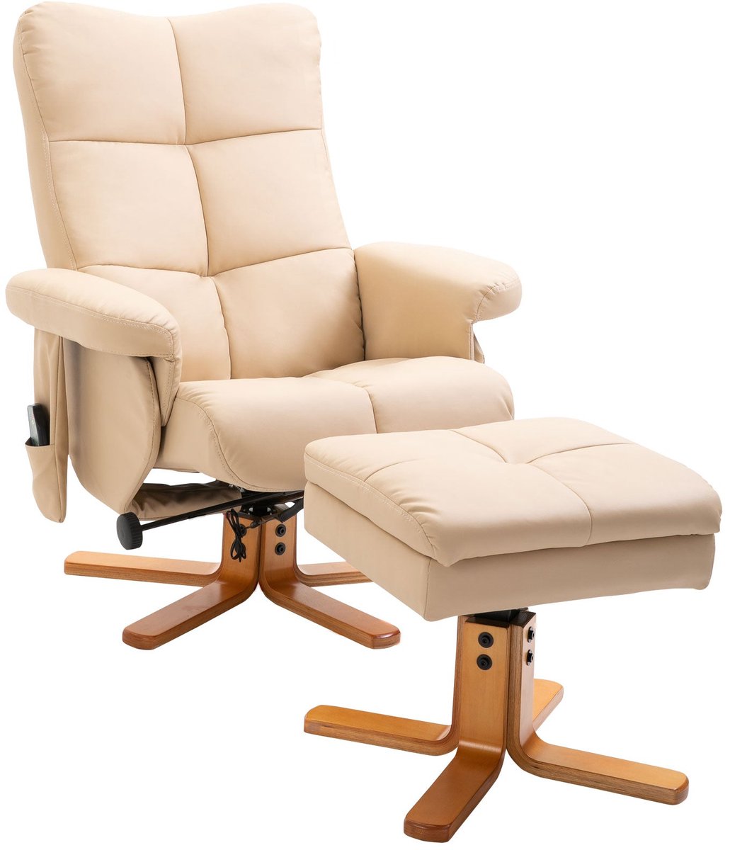 Merax Relaxfauteuil met Massagefunctie en Voetenbank – 145° Verstelbare Rugleuning – Draaibaar – Opbergruimte – Polyester Creme Wit – 80 x 86 x 99 cm