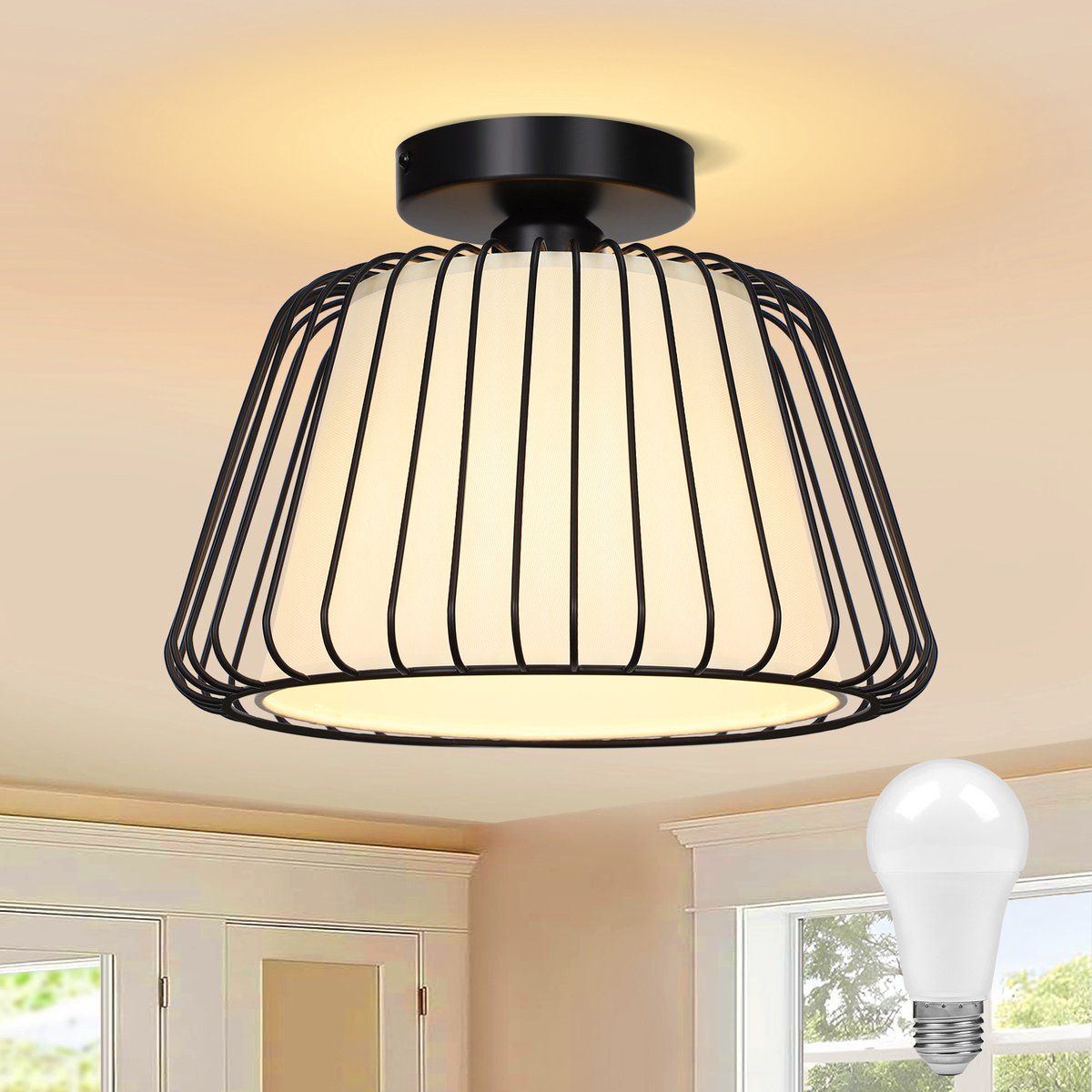 Rosnek Moderne Industriële Plafondlamp - 3-Kleuren LED Dimbaar Plafonnieres- Zwart Metaal + Witte Kap - Ø30cm - Voor Slaapkamer/Gang/Woonkamer