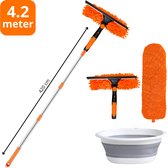 Lave-vitres télescopique 4,2 m – Set complet avec plumeau et seau – Lave-vitres avec manche – Nettoyage des vitres avec manche télescopique – Lessive des vitres avec manche télescopique