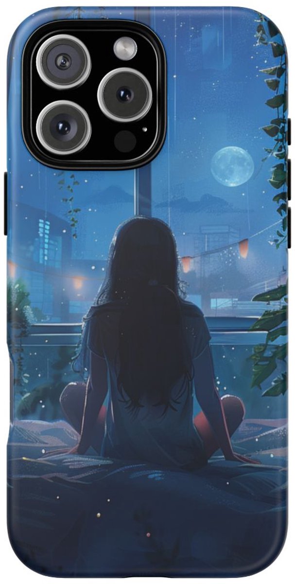 Meisje op Bed bij Nacht met Maanlicht – Telefoonhoesje Geschikt voor iPhone 16 Pro Max