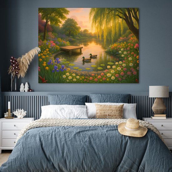 Poster 160x120 cm - Eenden - Vijver - Bloemen - Posters - Kamer decoratie - Wanddecoratie woonkamer - Muurdecoratie slaapkamer XXL