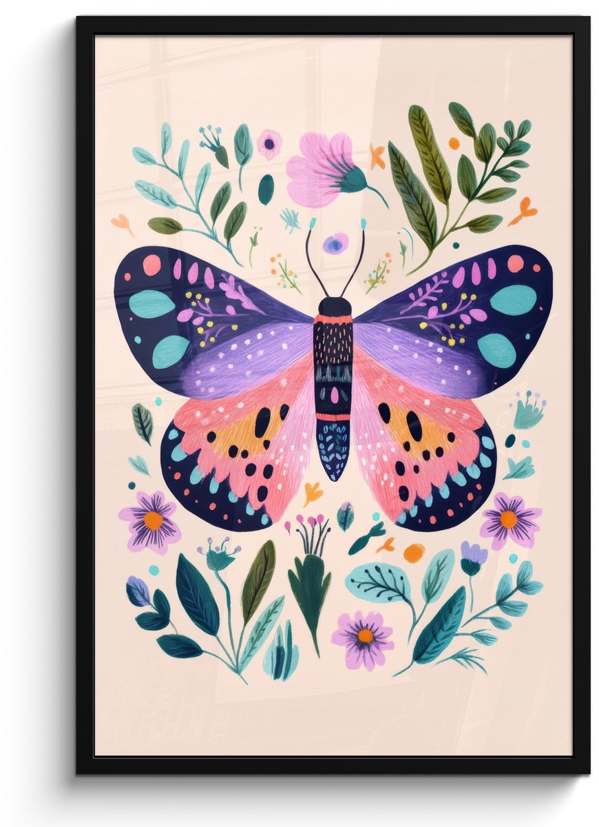 FrameYourWall Poster in lijst - Fotolijst 60x90 cm - Posters - Bloemen - Bladeren - Vlinder - Kleurrijk - Posterlijst zwart - Decoratie - Wanddecoratie woonkamer - Muurdecoratie slaapkamer Vlinder - Bloemen