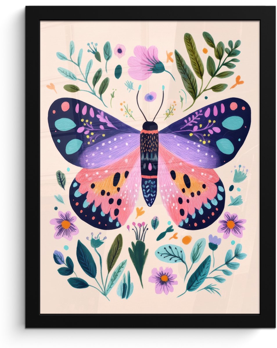 FrameYourWall Poster in lijst - Fotolijst 30x40 cm - Posters - Bloemen - Bladeren - Vlinder - Kleurrijk - Posterlijst zwart - Decoratie - Wanddecoratie woonkamer - Muurdecoratie slaapkamer Vlinder - Bloemen