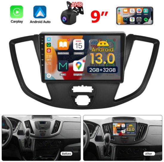 Autoradio-9-inch Android 15 autoradio met GPS-navigatie, 2+32G, compatibel met Ford Transit Custom 2013-2019, ingebouwde draadloze CarPlay, Android Auto, Bluetooth, wifi, FM/RDS, SWC, gesplitst scherm en AHD-achteruitrijcamera.