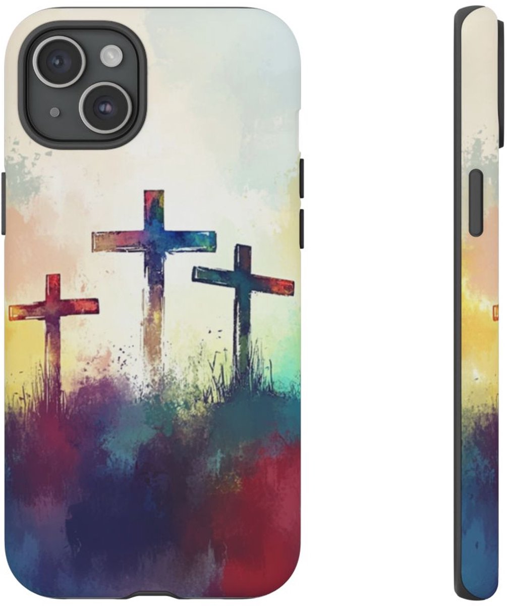 Drie Kruisen in Abstracte Waterverf – Telefoonhoesje Geschikt voor iPhone 15 Plus