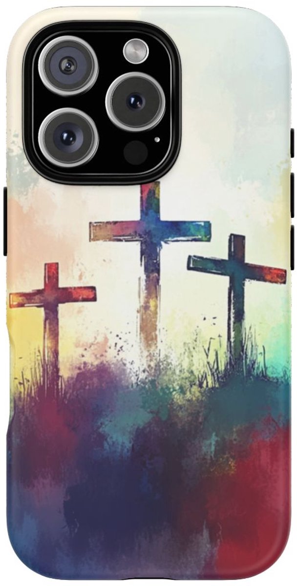 Drie Kruisen in Abstracte Waterverf – Telefoonhoesje Geschikt voor iPhone 16 Pro